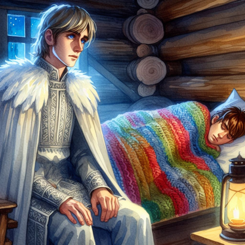 In a log cabin at night, a man with pale hair and blue eyes wearing a silver tunic and a whit 2.png