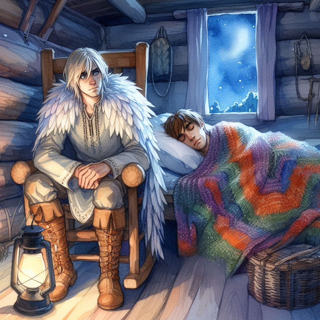 In a log cabin at night, a man with pale hair and blue eyes wearing a silver tunic and a whit 4.png