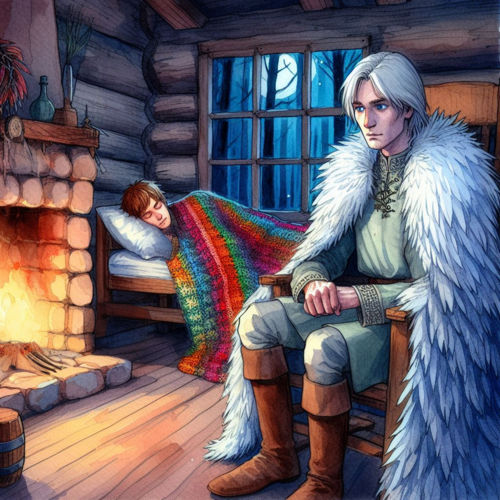 In a log cabin in the forest at night, a man with pale hair and blue eyes wearing a silver tu 2 (1).png